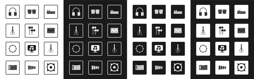 Set Sound mixer controller, Air headphones, Guitar, Headphones, Drum, Banjo and Illustrazione stock