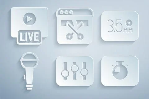 Set Sound mixer controller, Audio jack, Microphone, Stopwatch, Video recorder or Stock Illustration