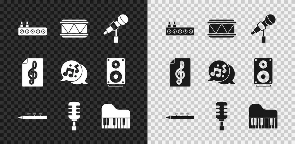 Set Sound mixer controller, Drum, Microphone, and drum sticks, Grand piano Illustrazione stock