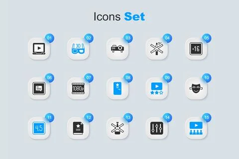 Set Sound mixer controller, Full HD 1080p, 3D cinema glasses, Rating movie,.. Illustrazione stock