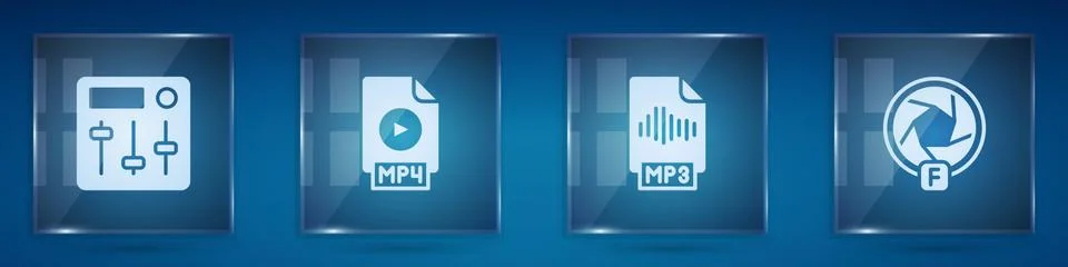 Set Sound mixer controller, MP4 file document, MP3 and Camera shutter. Square Stock Illustration