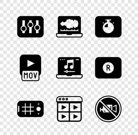 Set Sound mixer controller, or audio recorder, Stopwatch, Selfie mobile, Music Stock Illustration