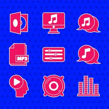 Set Sound mixer controller, Stereo speaker, Music equalizer, Musical note in Stock Illustration
