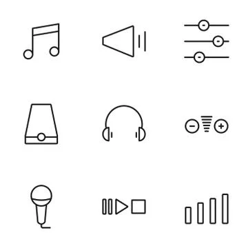 Set of sound volume process line icons contains headphones, speaker and more. Stock Illustration