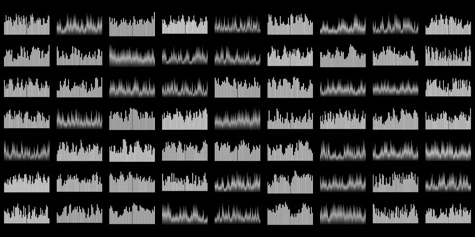 Set of sound wave visualizations showing various frequencies and amplitudes.. Ilustración de archivo