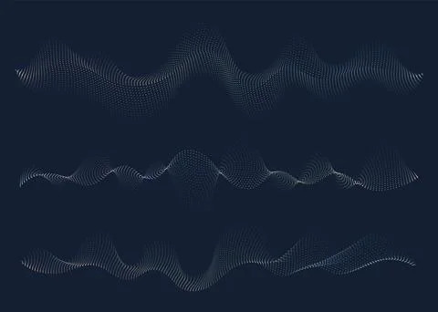 Set of sound waves, abstract fluid shapes, dotted liquid figures. Digital e.. Illustrazione stock