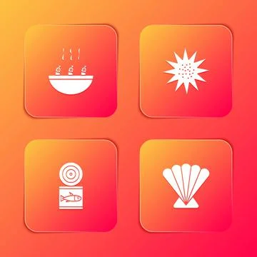 Set Soup with shrimps, Sea urchin, Canned fish and Scallop sea shell icon Stock Illustration