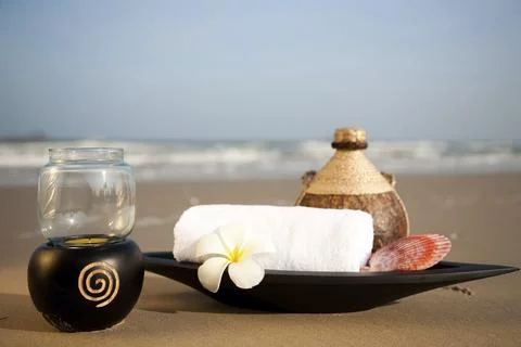 Set of SPA objects on the beach. SPA collection Stock Photos