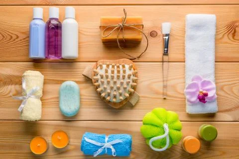 Set of spa objects decomposed on wooden boards view from above Stock Photos
