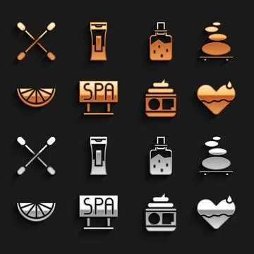 Set Spa salon signboard, Stack hot stones, Heart heal, Cream or lotion cosm.. Illustrazione stock