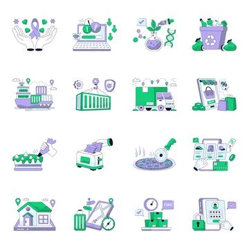 Set of Space and Ecommerce Flat Line Illustrations Stock Illustration