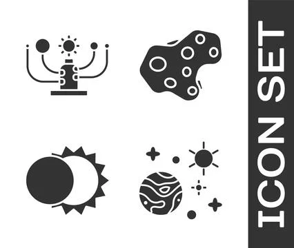 Set Space and planet, Solar system, Eclipse of the sun and Asteroid icon. Vector 스톡 일러스트