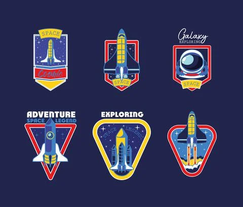 Set of space badges on a blue background Illustrazione stock