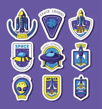 Set of space badges on a purple background Stock Illustration