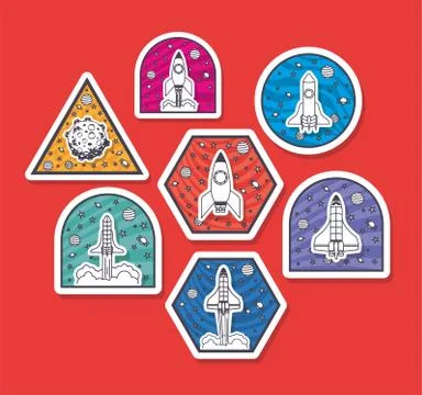 Set of space badges on a red background Stock Illustration