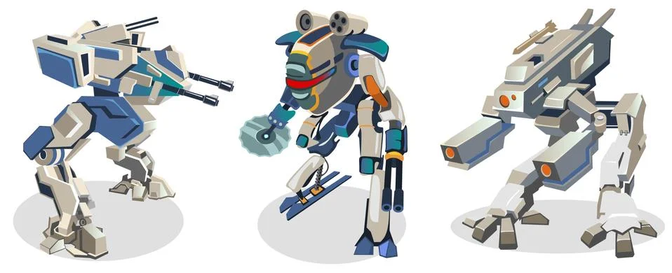 Set of space battle robots isolated on white Stock Illustration