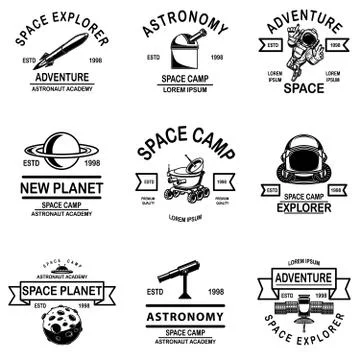 Set of space camp emblems. Design element for logo, label, sign, poster. Illustrazione stock