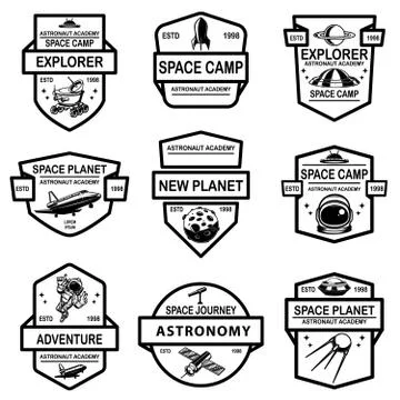 Set of space camp label templates. Design element for logo, label, sign, post Stock Illustration