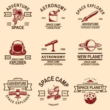 Set of space camp label templates. Design element for logo, label, sign, poster Stock Illustration