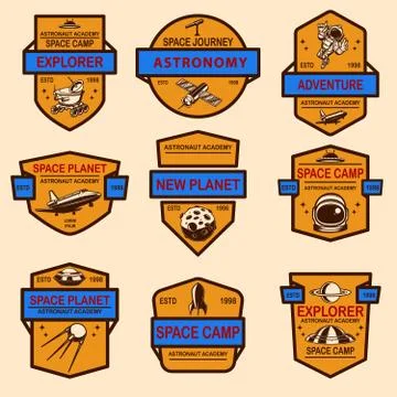 Set of space camp label templates. Design element for logo, label, sign, poster Stock Illustration