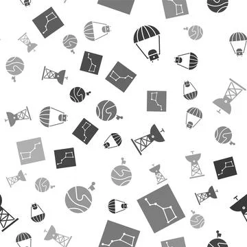 Set Space capsule and parachute, Great Bear constellation, Satellite dish and Illustrazione stock