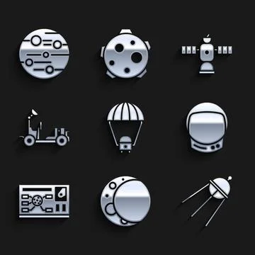 Set Space capsule and parachute, Moon, Satellite, Astronaut helmet, Futuristi Illustrazione stock