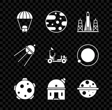 Set Space capsule and parachute, Planet Mars, Rocket launch from the spaceport 스톡 일러스트