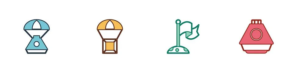 Set Space capsule, Box flying on parachute, Moon with flag and  icon. Vector 스톡 일러스트