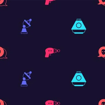 Set Space capsule, Satellite dish, Ray gun and Alien on seamless pattern. Vector Stock Illustration