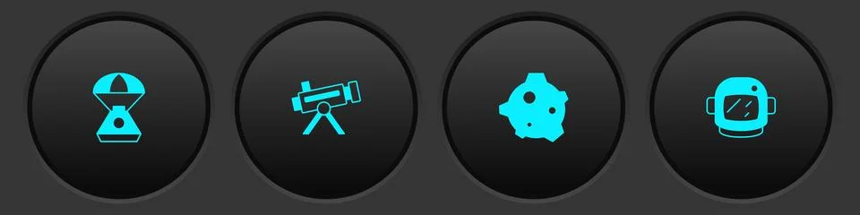 Set Space capsule, Telescope, Asteroid and Astronaut helmet icon. Vector Stock Illustration