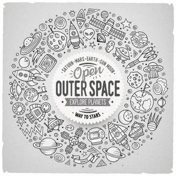 Set of space cartoon doodle objects, symbols and items Stock Illustration