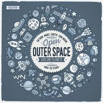 Set of space cartoon doodle objects, symbols and items Illustrazione stock