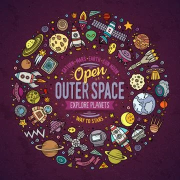 Set of space cartoon doodle objects, symbols and items Illustrazione stock