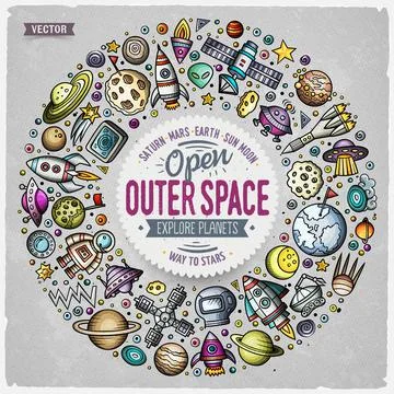 Set of space cartoon doodle objects, symbols and items Illustrazione stock