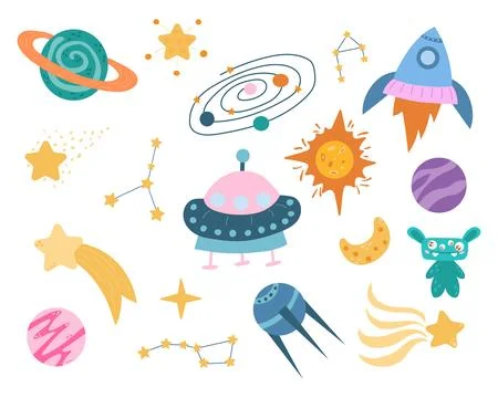 A set of space cartoon illustrations, planets and constellations. Stock Illustration