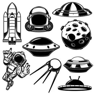 Set of space design elements. Spaceman, shuttle, ufo, satellite. For logo, la Illustrazione stock