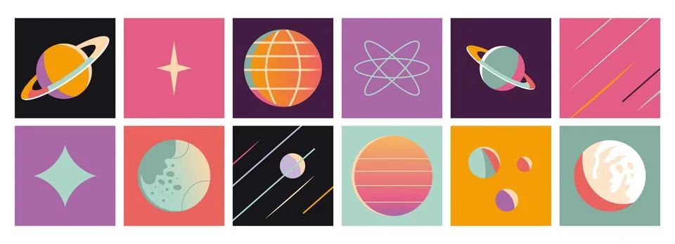 Set of Space element, planets and stars. Square colorful icons, cartoon style Stock Illustration