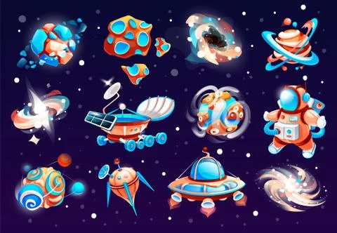 Set of space elements, alien retro rayguns, blaster, UFO, spaceship, astronaut Stock Illustration