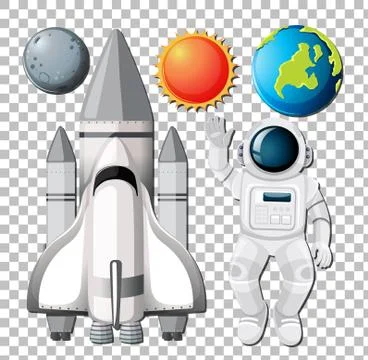 Set of space elements with astronuat on transparent background Illustrazione stock