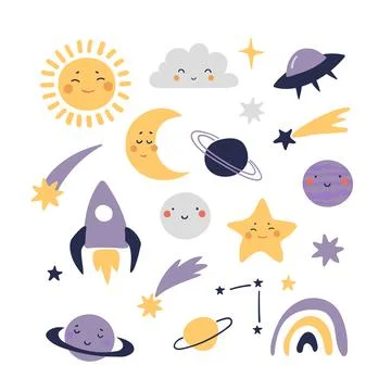 Set of space elements for childish design, moon, sun, planets, rocket, flying 스톡 일러스트