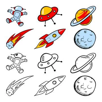 Set of space elements, children's drawing, vector Stock Illustration