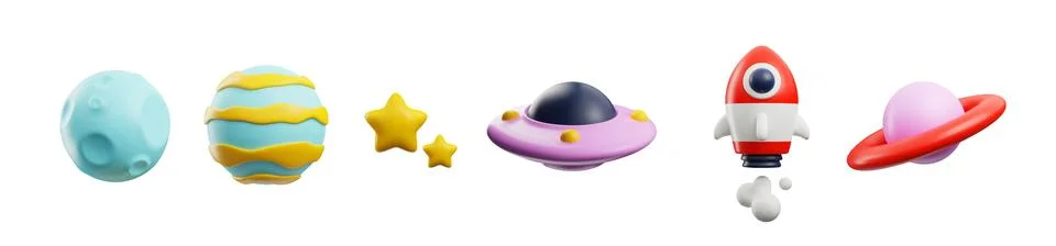 Set of space elements in cute 3d style, vector illustration isolated on white Stock Illustration