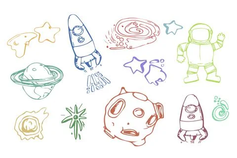 Set of Space elements in the doodle sketch style. space rockets and ships, as 스톡 일러스트