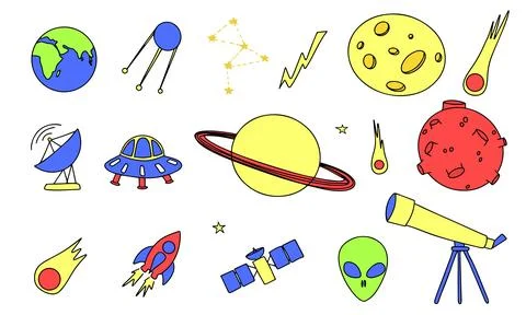 Set of space elements in doodle style. Stock Illustration