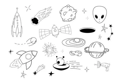 Set space elements ufo spaceship, rocket, satellite, stars and planets in doodle Stock Illustration