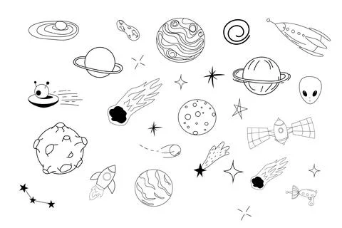 Set space elements ufo spaceship, rocket, satellite, stars and planets in doodle Stock Illustration