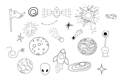 Set space elements ufo spaceship, rocket, satellite, stars and planets in doodle Stock Illustration