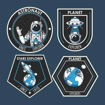 Set of Space explorer patches emblems design Illustrazione stock
