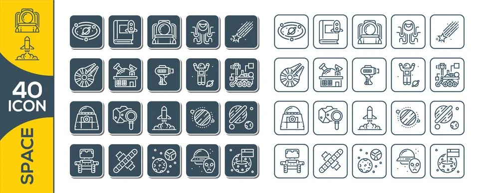 Set of space icon vector illustration in outline style for for web, landing p Illustrazione stock