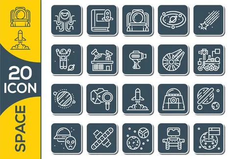 Set of space icon vector illustration in outline style for for web, landing p Illustrazione stock